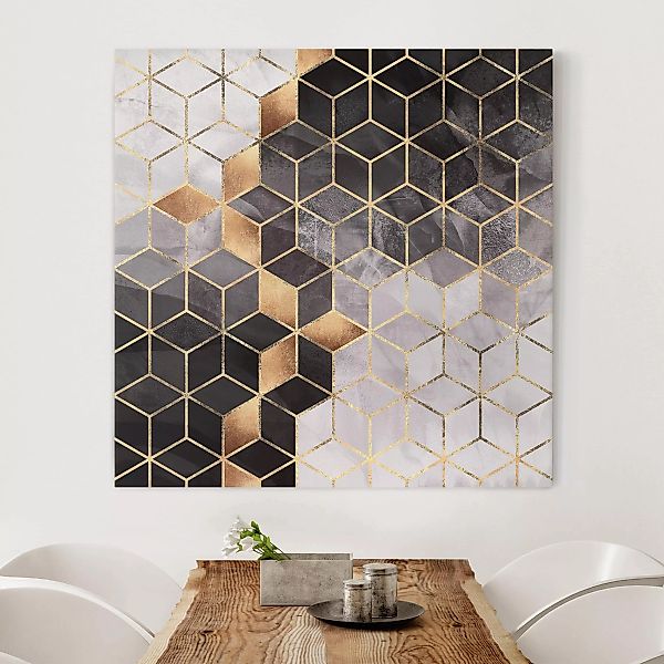 Leinwandbild Abstrakt - Quadrat Schwarz Weiß goldene Geometrie günstig online kaufen