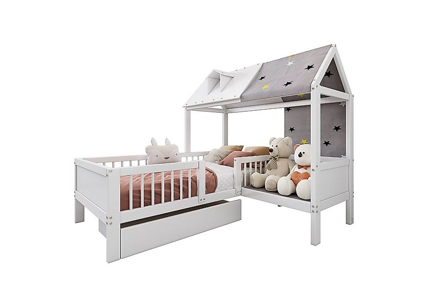 Flieks Kinderbett, Massivholz Einzelbett Hausbett mit Zeltstoff und Schubla günstig online kaufen