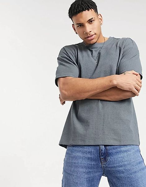 New Look – T-Shirt aus Bio-Baumwolle in Blau mit Waffelstruktur günstig online kaufen