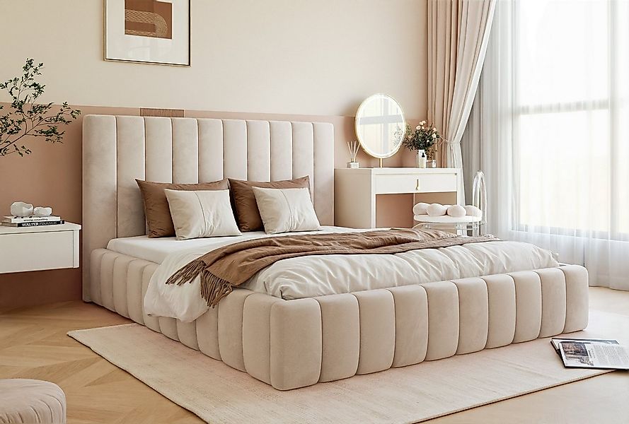 Goldstoff Polsterbett Luxuriöses Schlafzimmerbett mit elegantem Kopfteil & günstig online kaufen