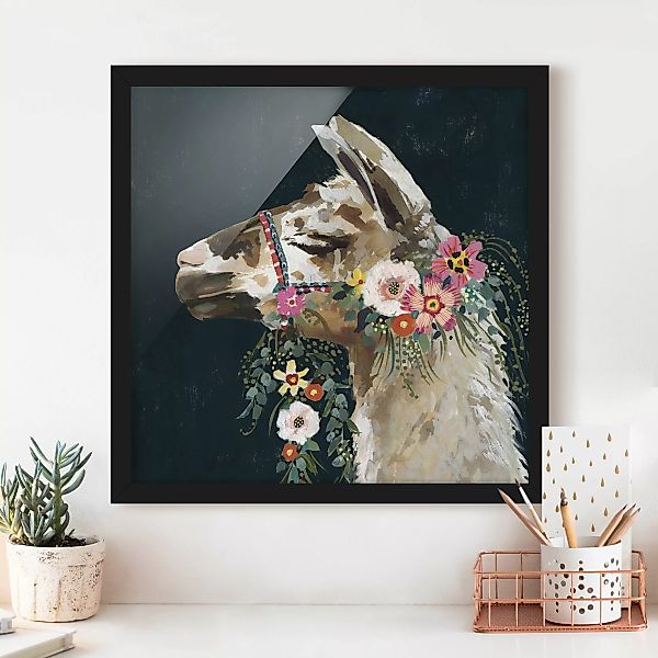 Bild mit Rahmen - Quadrat Lama mit Blumenschmuck II günstig online kaufen