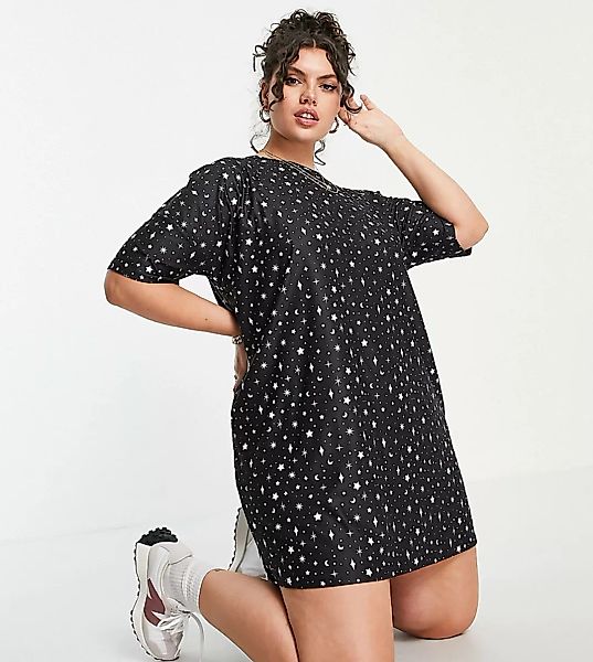 Urban Threads Plus – T-Shirt-Kleid mit Sternenmuster-Schwarz günstig online kaufen