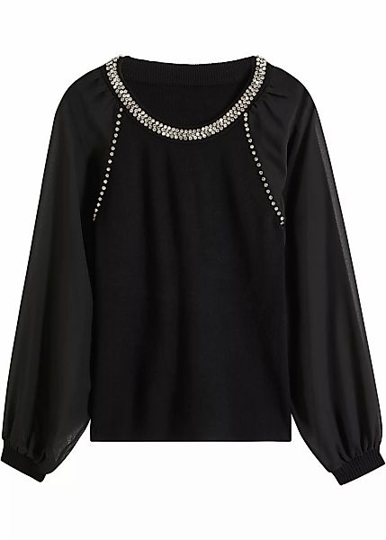 Pullover mit Strass und Chiffon-Ärmeln günstig online kaufen