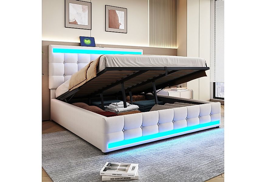 Flieks Polsterbett, LED Doppelbett Stauraumbett 2 USB-Anschluss 180x200cm L günstig online kaufen