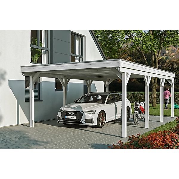 Skan Holz Carport Grunewald 427 cm x 796 cm mit Aluminiumdach Weiß günstig online kaufen