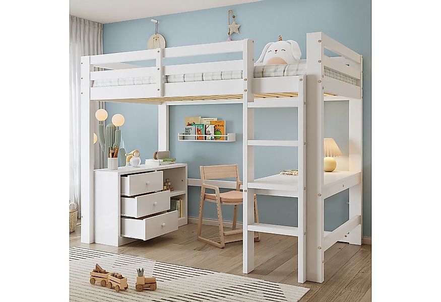 Flieks Hochbett Kinderbett 90x200cm mit Schreibtisch Schrank und vierstufig günstig online kaufen