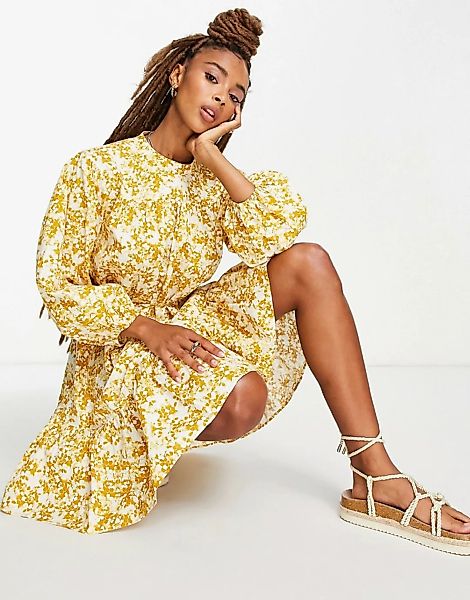 Topshop – Langärmliges, gewebtes Minikleid mit Gürtel und Blumenmuster in S günstig online kaufen