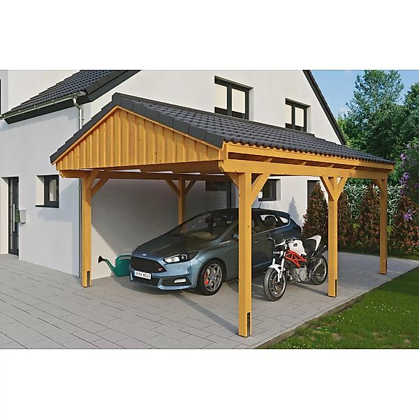 Skan Holz Carport Fichtelberg 423 cm x 566 cm Dachlattung Eiche Hell günstig online kaufen