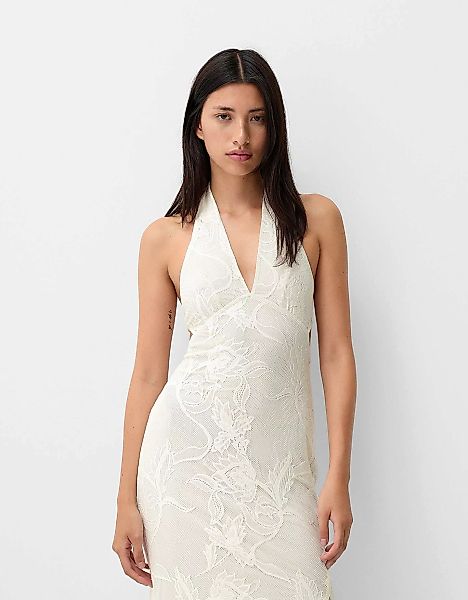 Bershka Neckholder-Midikleid Aus Jacquard Damen Xs Rohweiß günstig online kaufen