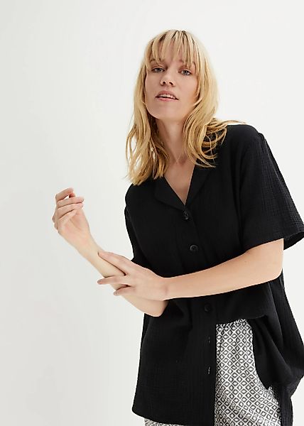 bonprix Hemdbluse weite Passform, mit halbarm, aus Baumwolle, verlängerter günstig online kaufen