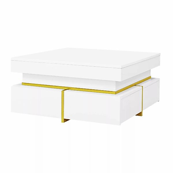 Hochglanz Couchtisch mit Schubladen,goldene Akzente,weiß,70x70x35,5 cm,mode günstig online kaufen