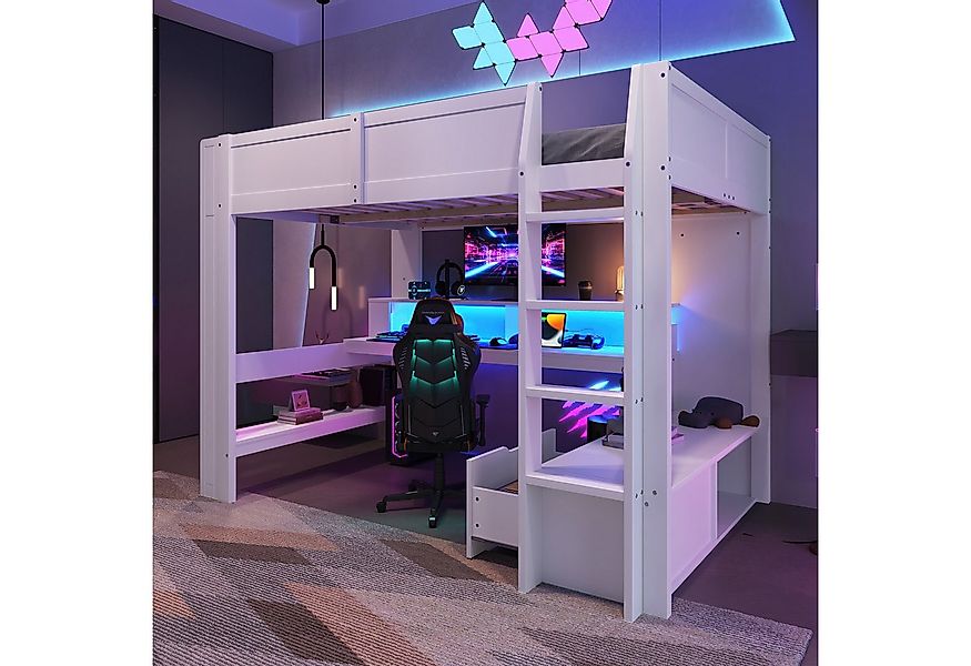 Flieks Hochbett Kinderbett 140x200cm mit LED, Aufladen, Schreibtisch und St günstig online kaufen