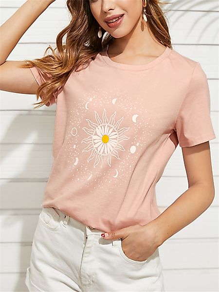 YOINS Sunflower Moon & Star Kurzarm-T-Shirts mit Rundhalsausschnitt günstig online kaufen
