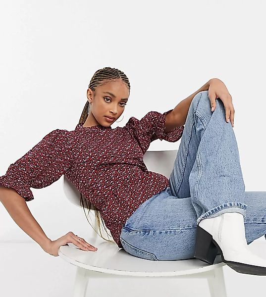 Wednesday's Girl – Bluse mit gekräuselten Ärmeln und Rosenmuster-Mehrfarbig günstig online kaufen