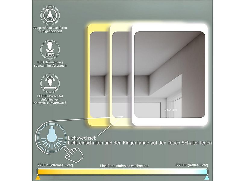 HOKO Badspiegel LED Antibeschlag Wandspiegel 50x70/60x80cm+Digital Uhr+LED günstig online kaufen
