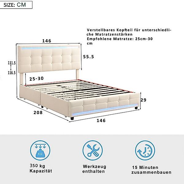 STILVORA Polsterbett 140×200 Funktionsbett mit LED,USB und Stauraum,bett oh günstig online kaufen