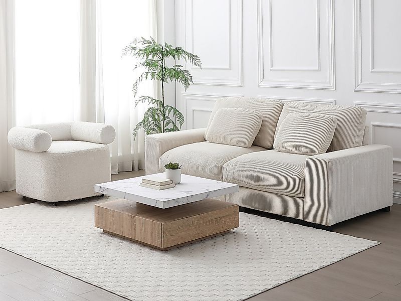 Couchtisch drehbar - 1 Schublade - MDF - Marmor-Optik Weiß & Holzfarben - K günstig online kaufen