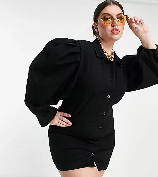 Missguided Plus – Hemdkleid mit Puffärmeln in Schwarz günstig online kaufen