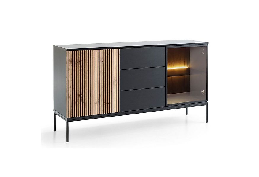 Selsey Sideboard TOSENA, Sideboard mit LED, Glastür & Metallfüßen Schwarz/E günstig online kaufen