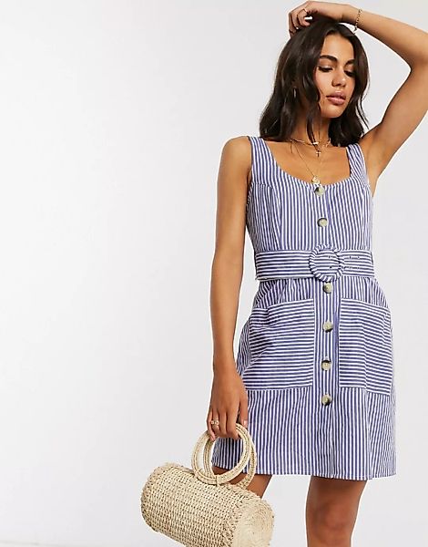 ASOS DESIGN – Gestreiftes Mini-Sommerkleid aus Leinen mit Knopfleiste vorn günstig online kaufen