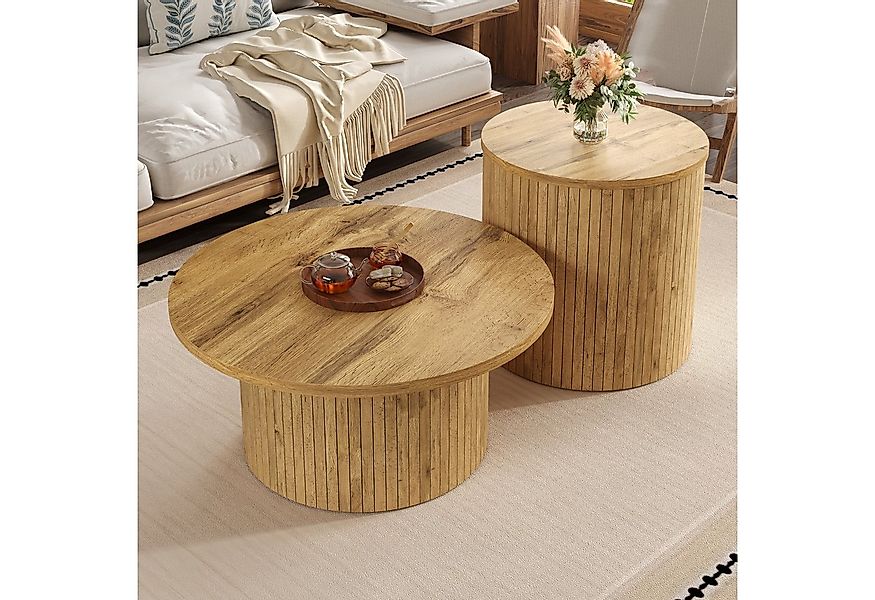 KLAM HOME Couchtisch Runder Couchtisch Set Mit Naturholzoptik Aus MDF (Dopp günstig online kaufen