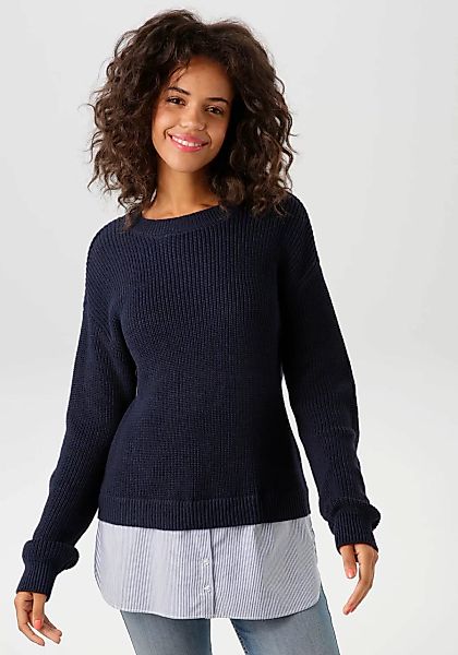 Aniston CASUAL Strickpullover, mit gestreiftem Bluseneinsatz am Saum günstig online kaufen