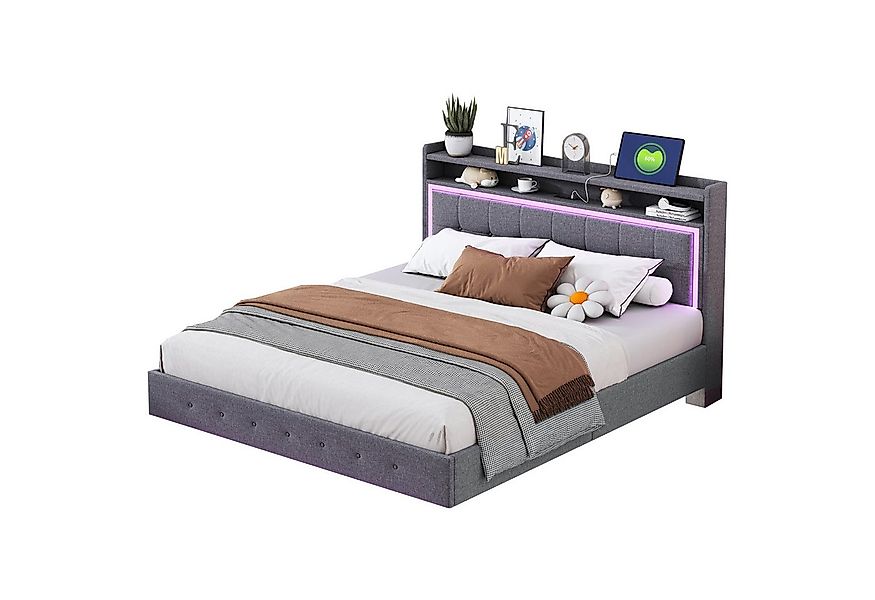 Flieks Polsterbett, LED Doppelbett 160x200cm mit USB-Laden und Stauraum am günstig online kaufen