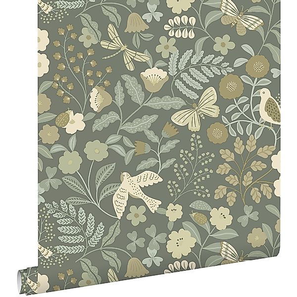 ESTAhome Tapete Blumen und Vögel Graugrün 50 x 900 cm günstig online kaufen
