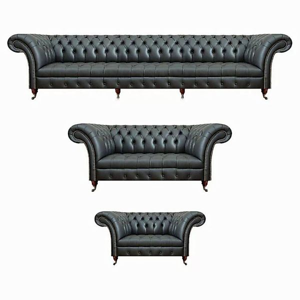 JVmoebel Chesterfield-Sofa Set 3tlg Leder 2x Sofas Schwarz Sessel Polstermö günstig online kaufen