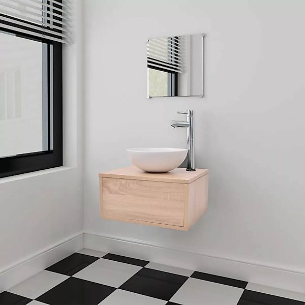4-tlg. Badmöbel-set Mit Waschbecken Und Wasserhahn Beige günstig online kaufen