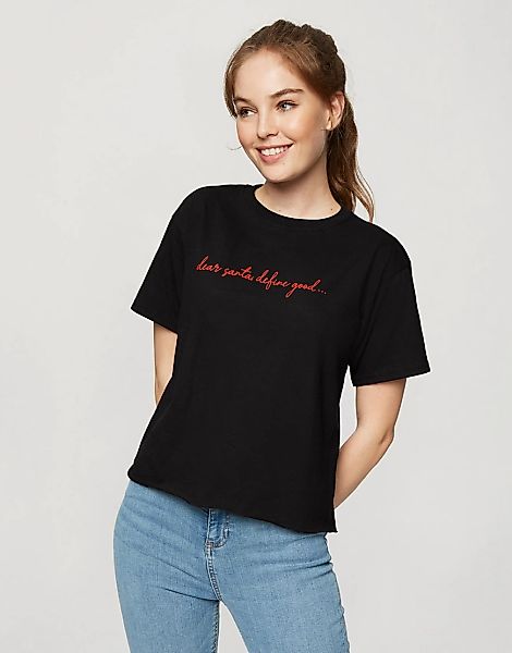 Miss Selfridge – Schwarzes T-Shirt mit "Dear Santa define good"-Schriftzug günstig online kaufen
