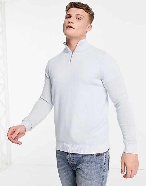 ASOS DESIGN – Pullover aus Lammwolle in Blau mit kurzem Reißverschluss günstig online kaufen