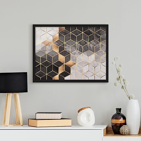 Bild mit Rahmen - Querformat Schwarz Weiß goldene Geometrie günstig online kaufen