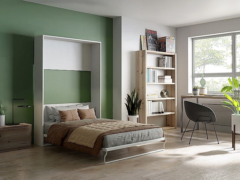 Schrankbett - 140 x 200 cm - Manuelle vertikale Öffnung - Weiß - MALINA II günstig online kaufen