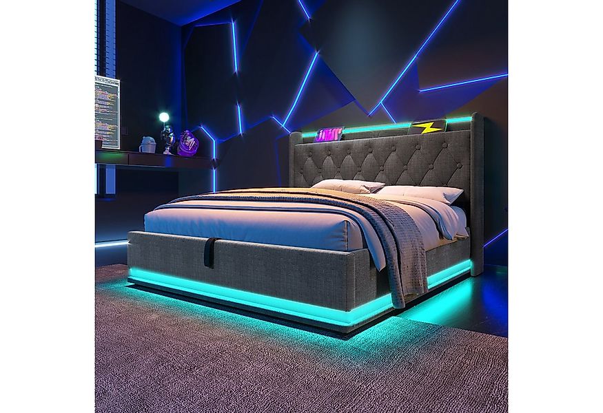 Flieks Polsterbett, LED Hydraulisches Stauraumbett Doppelbett 140x200cm mit günstig online kaufen
