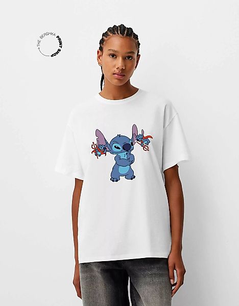 Bershka Oversize-T-Shirt Lilo & Stitch Damen M Grbrochenes Weiss günstig online kaufen