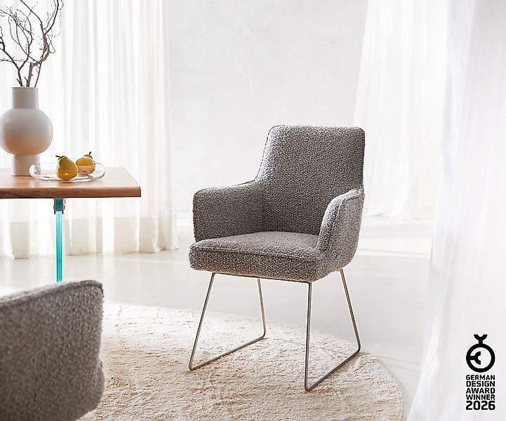 Esszimmerstuhl Heira-Flex mit Armlehnen Bouclé Silbergrau Kufengestell Edel günstig online kaufen