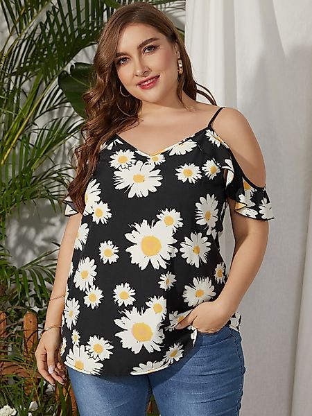 YOINS Plus Größe Black Schulterfreie Bluse mit V-Ausschnitt und Blumendruck günstig online kaufen