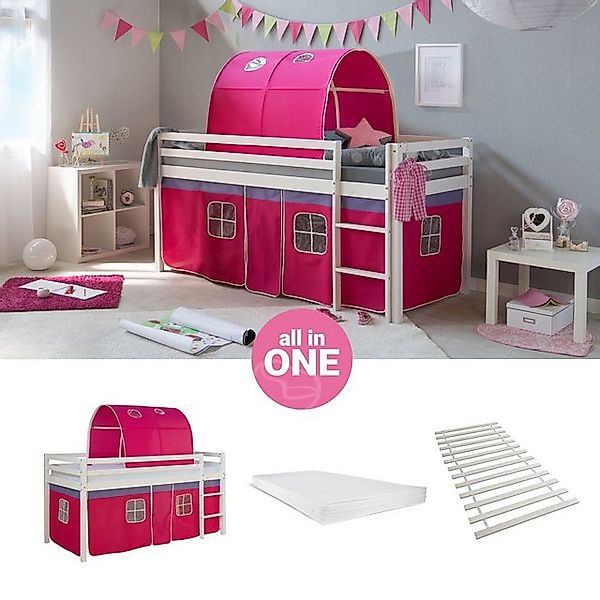 Homestyle4u Hochbett 90x200 cm Kinderbett Weiß Kiefer mit Vorhang Pink mit günstig online kaufen