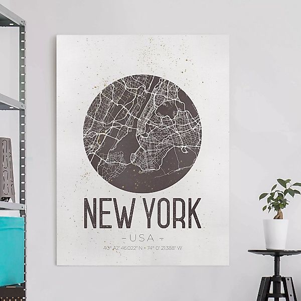Leinwandbild Schwarz-Weiß - Hochformat Stadtplan New York - Retro günstig online kaufen