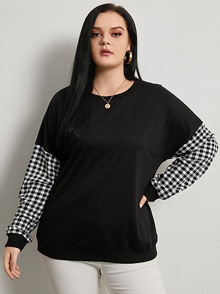 YOINS Plus Size Plaid Patchwork Sweatshirt mit Rundhalsausschnitt günstig online kaufen