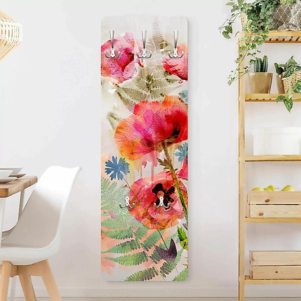 Wandgarderobe Holzpaneel Aquarell Blumen Mohn günstig online kaufen