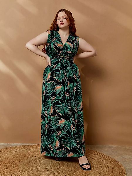 Apricot Sommerkleid mit Palmenmuster, Knoten vorne günstig online kaufen