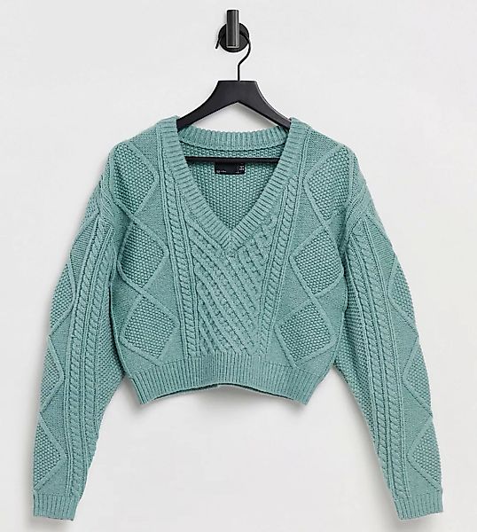 ASOS DESIGN Tall – Kurzer Pullover in Salbei mit Zopfmuster-Grün günstig online kaufen