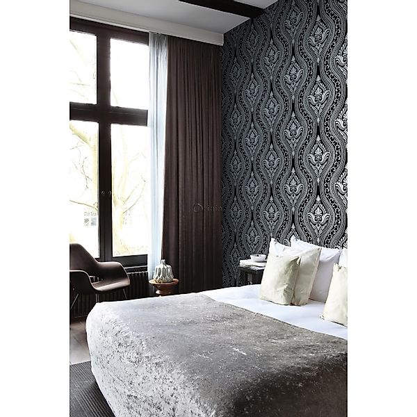 Origin Wallcoverings Tapete Flock-Barockmuster Schwarz 53 cm x 10,05 m 3466 günstig online kaufen