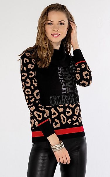 Passioni Rollkragenpullover mit Leoprint und Strass-Schriftzug günstig online kaufen