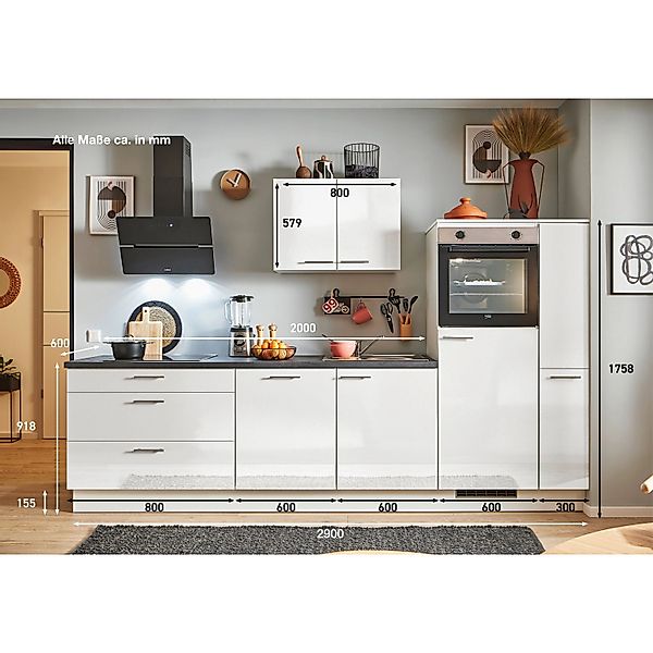 pino Küchenzeile 290cm Weiß Hochglanz Anschlag L 1 Geräte-, 1 Apothekerschr günstig online kaufen