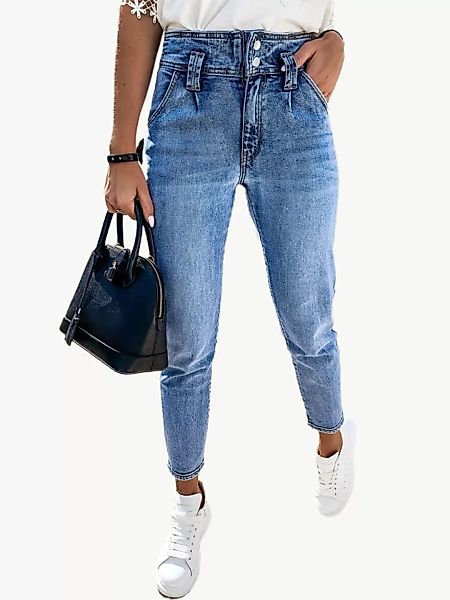Einfarbige elastische Jeans mit hoher Taille und lässiger Jeans für Damen günstig online kaufen