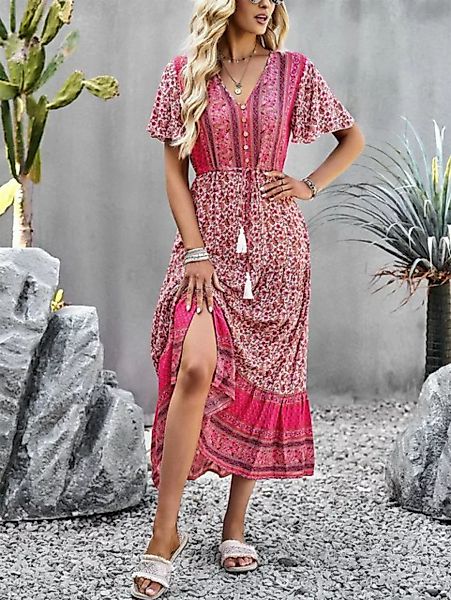 ZWY Maxikleid Bedrucktes Urlaubskleid, Damen-Freizeitkleid mit V-Ausschnitt günstig online kaufen
