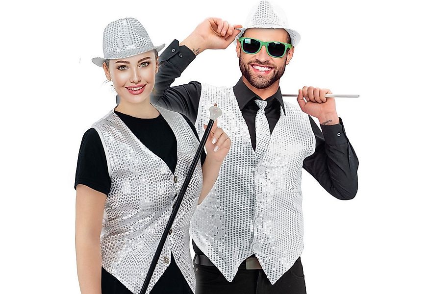 Party Factory Kostüm Pailletten Weste unisex - silber S, mit leuchtenden, r günstig online kaufen